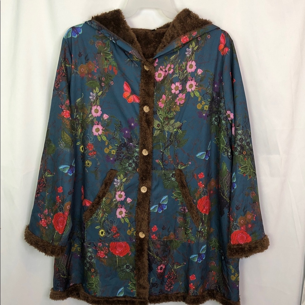 EMERY ROSE Floral & Butterfly Print Contrast Trim Hooded Coat  3XL - Picture 6 of 15
